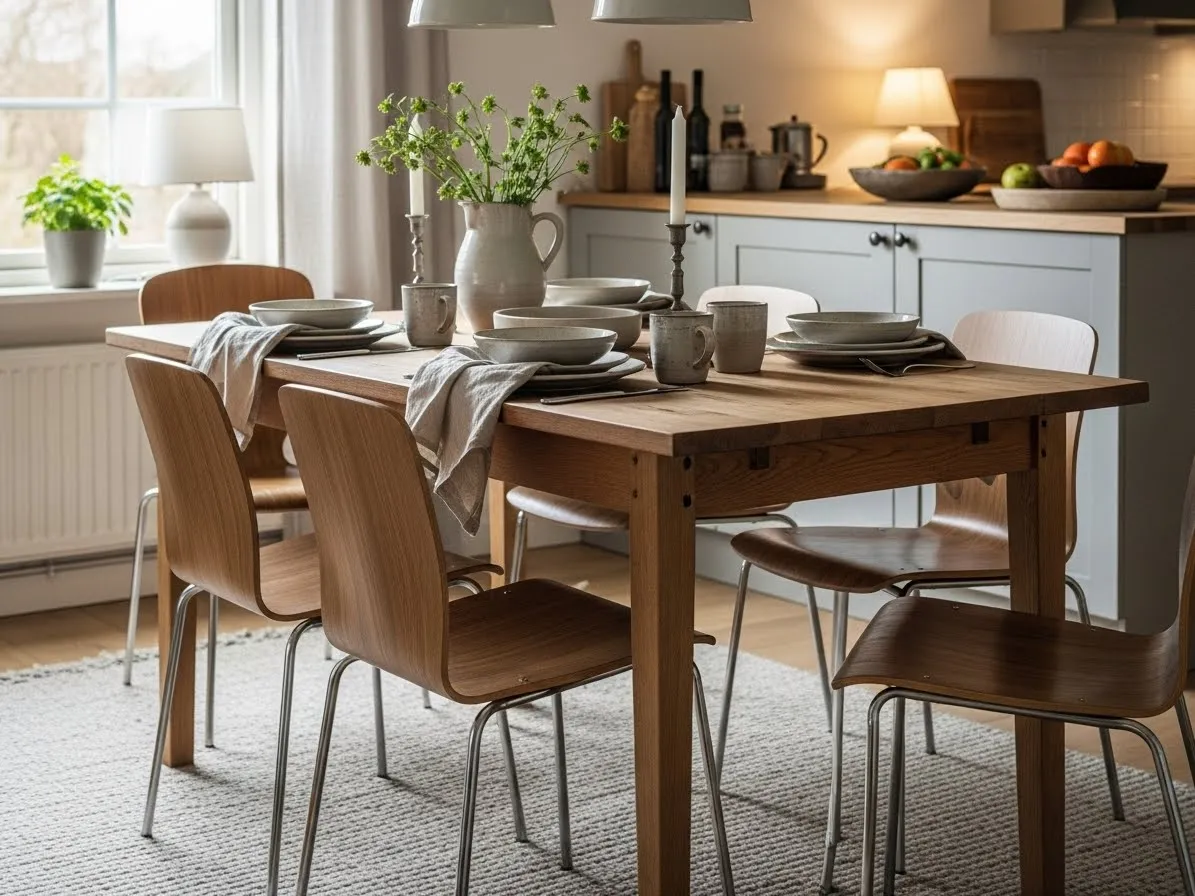 Kitchen with dining area with layered textures in wood, metal, and textiles, warm inviting design