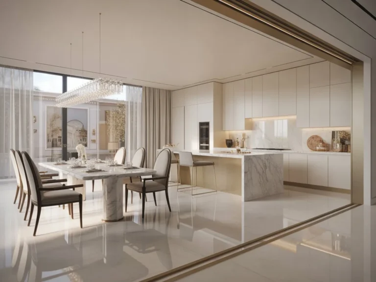 Kitchen with dining area featuring luxury white cabinetry, marble island, elegant dining table, and high-end modern interior design