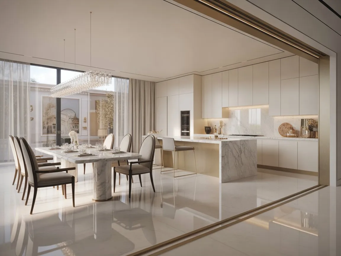 Kitchen with dining area featuring luxury white cabinetry, marble island, elegant dining table, and high-end modern interior design