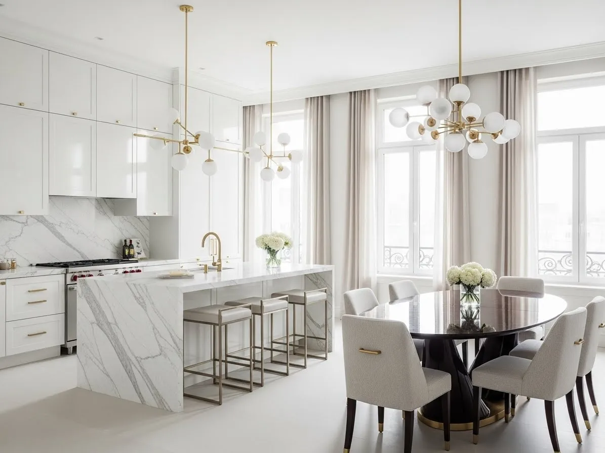 Kitchen with dining area featuring luxury white cabinetry, marble island, elegant round dining table, and upscale modern design