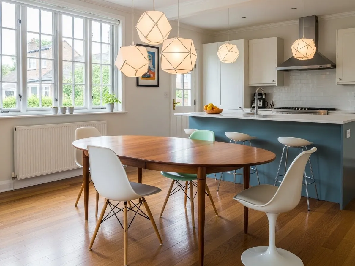 Kitchen with dining area in mid-century modern style, oval table, geometric lighting, stylish interior