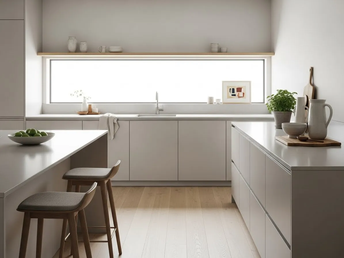 Kitchen with dining area in minimalist modern style, neutral cabinets, clean airy layout
