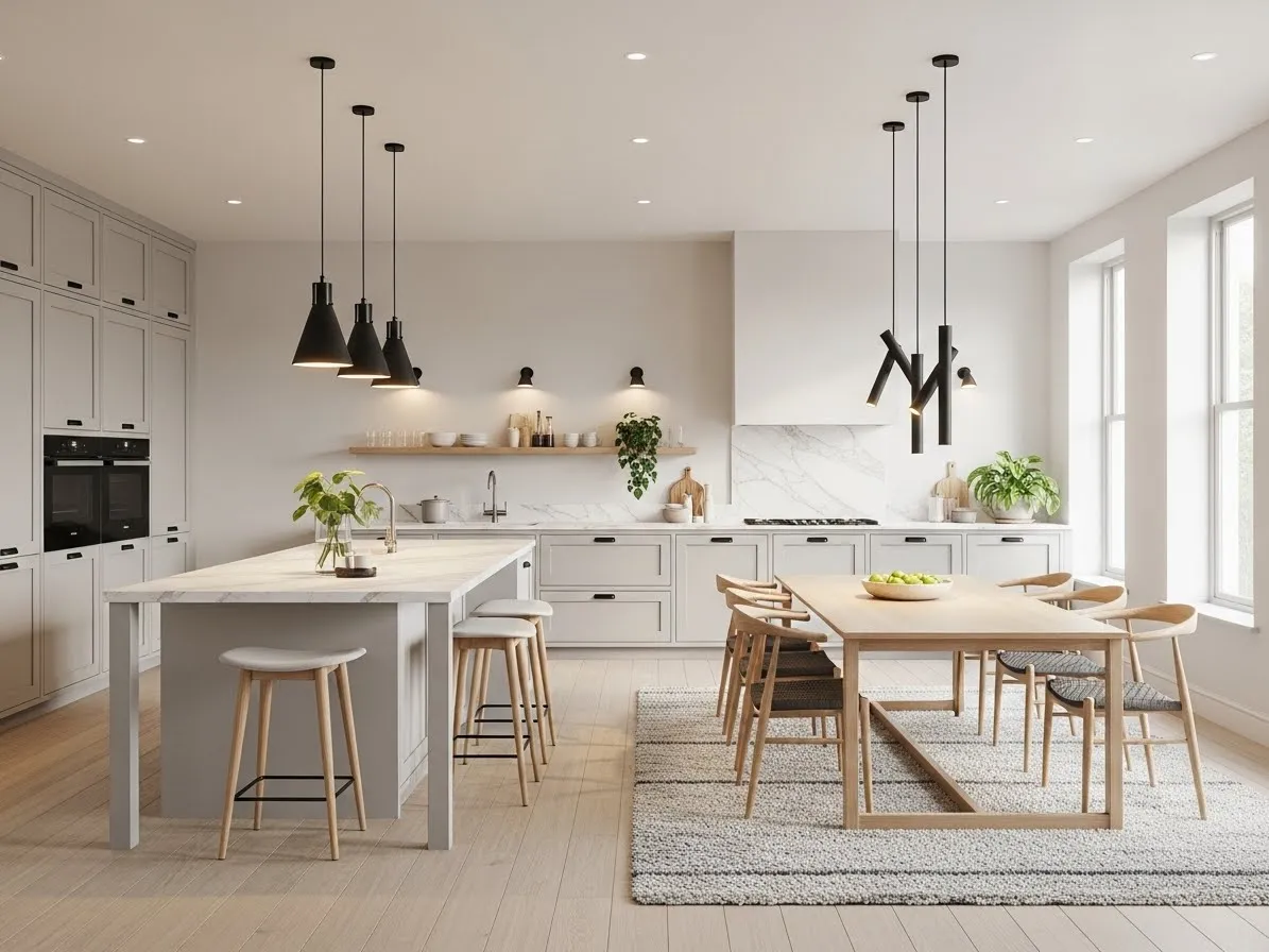 Kitchen with dining area in open-plan layout, dining table near island, modern spacious design