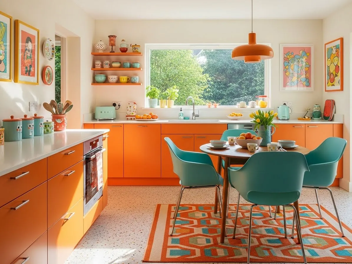 Kitchen with dining area featuring retro orange cabinets and aqua chairs, playful vibrant space