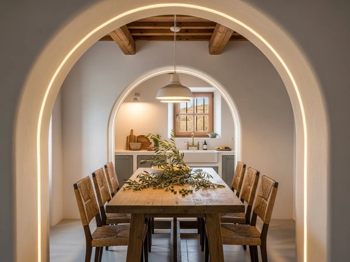 Kitchen with dining area featuring arched plaster walls, rustic wooden table, woven chairs, natural cozy decor
