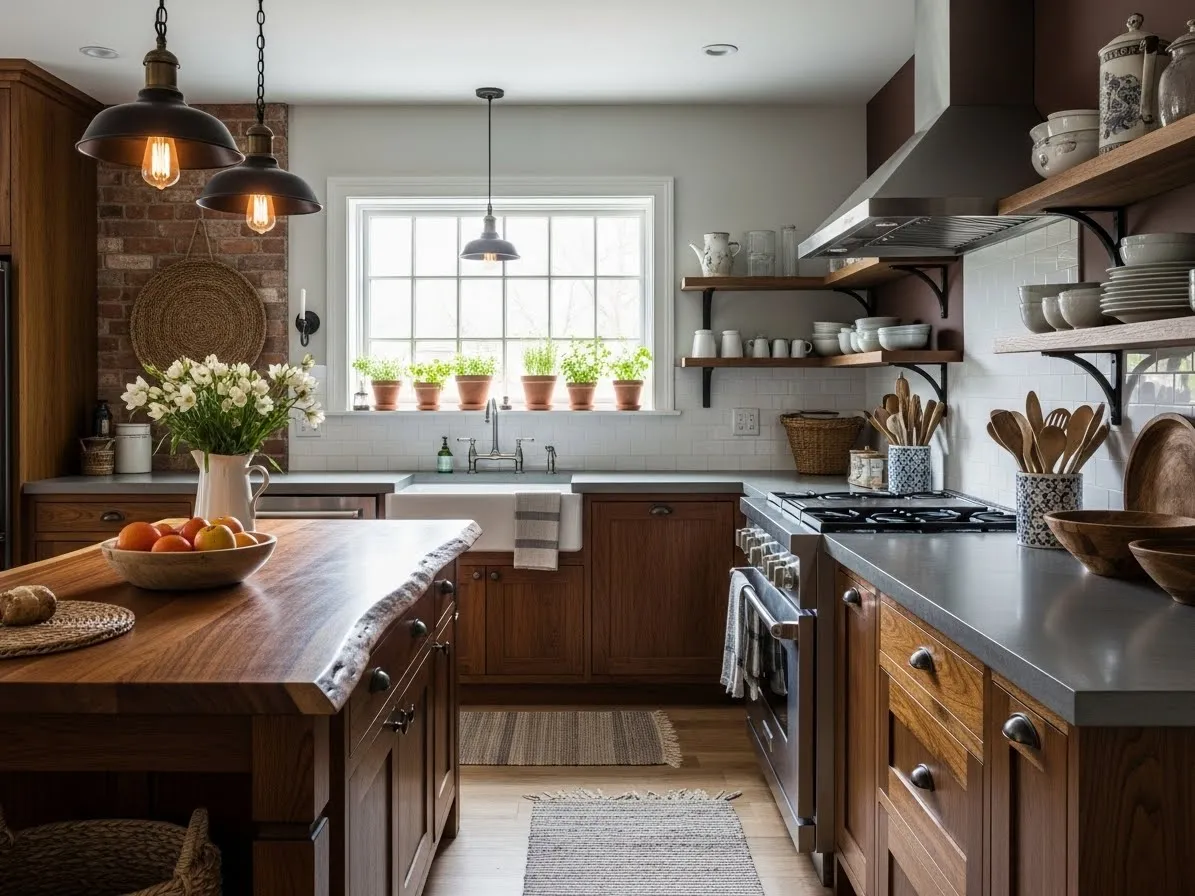 Kitchen with dining area blending rustic and modern elements, warm stylish interior