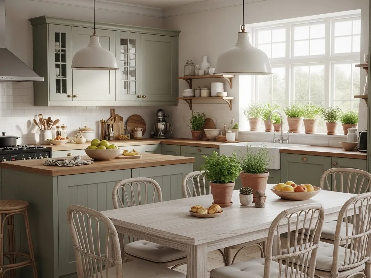 Kitchen with dining area featuring sage cabinets, wood table, rattan chairs, fresh inviting space
