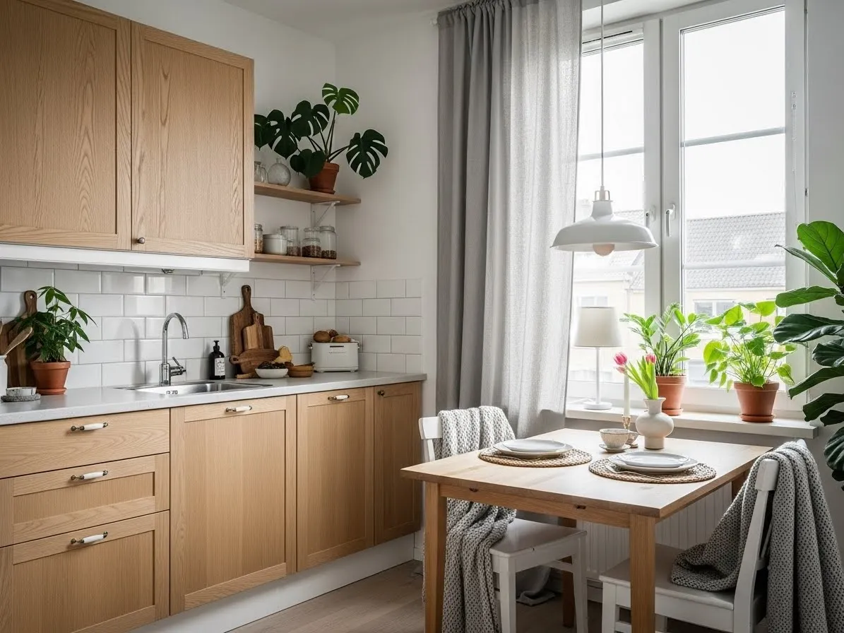  Kitchen with dining area featuring Scandinavian design, light wood, white walls, cozy bright space