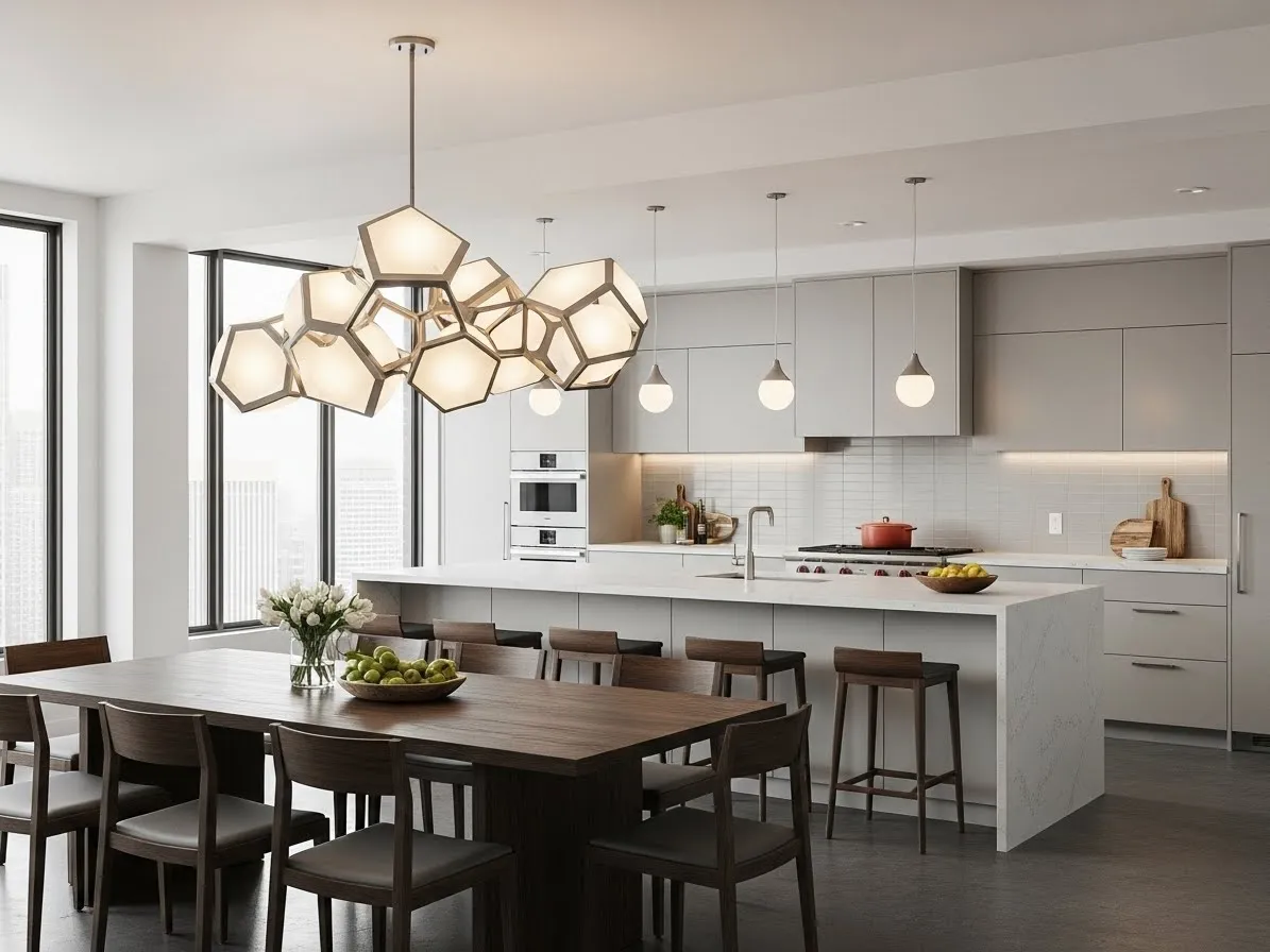 Kitchen with dining area featuring statement pendant lighting above table, modern open-plan design