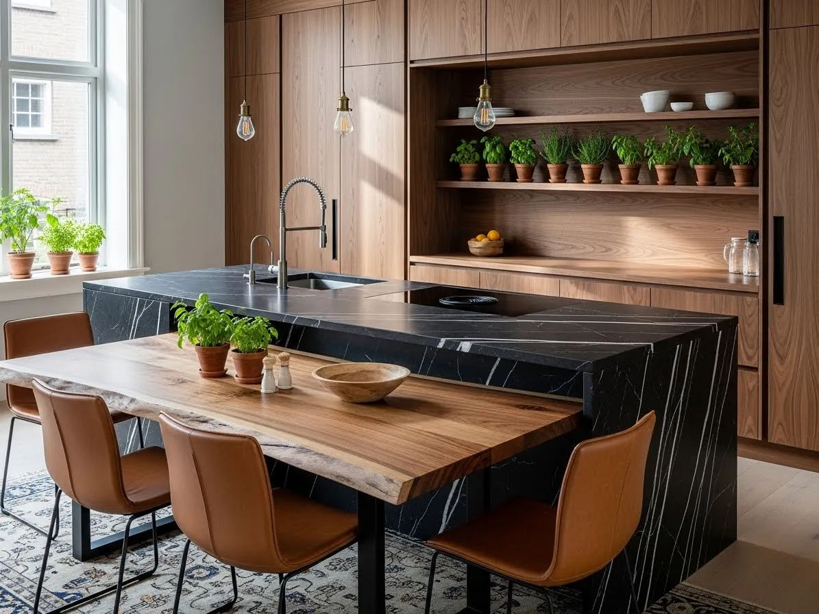 Kitchen with dining area featuring walnut cabinets, black marble island, live-edge wood table, stylish modern interior