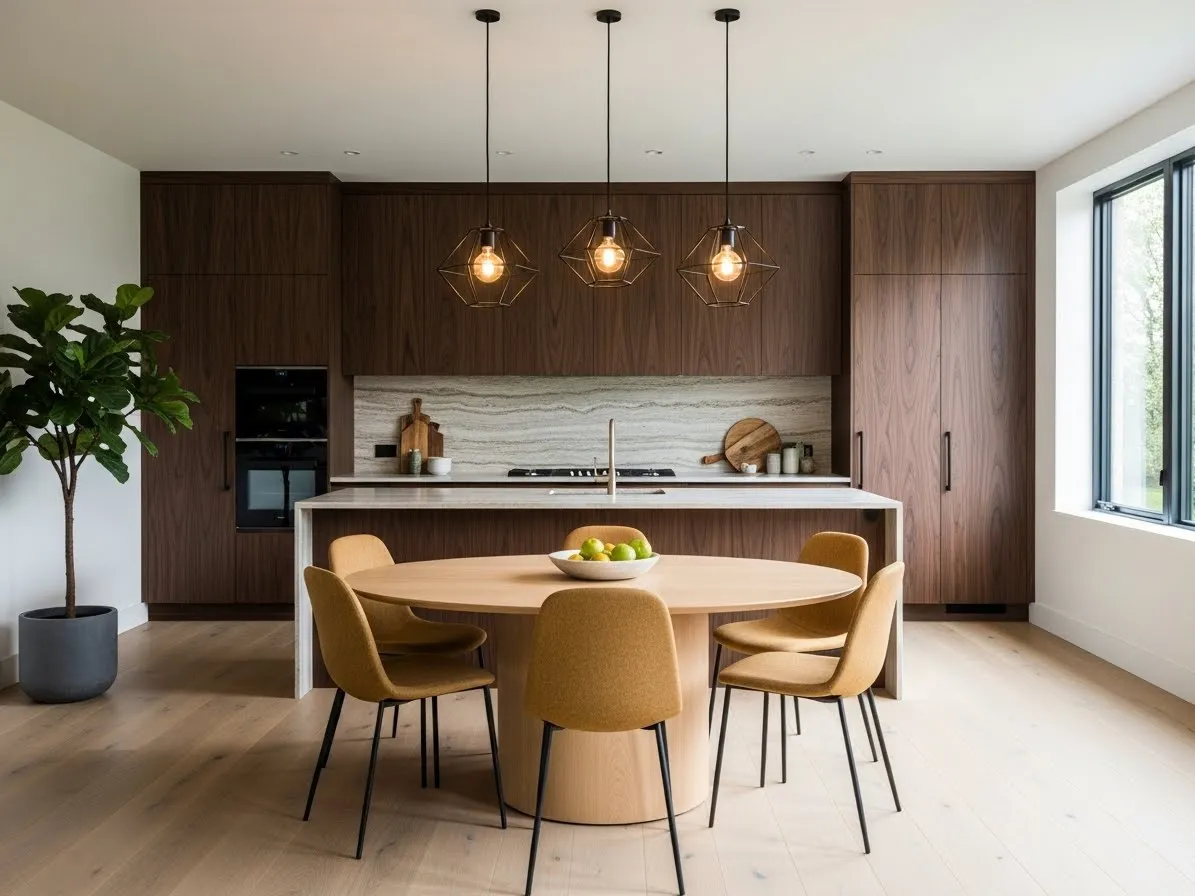 Kitchen with dining area featuring walnut cabinets, round table with mustard chairs, bright modern design