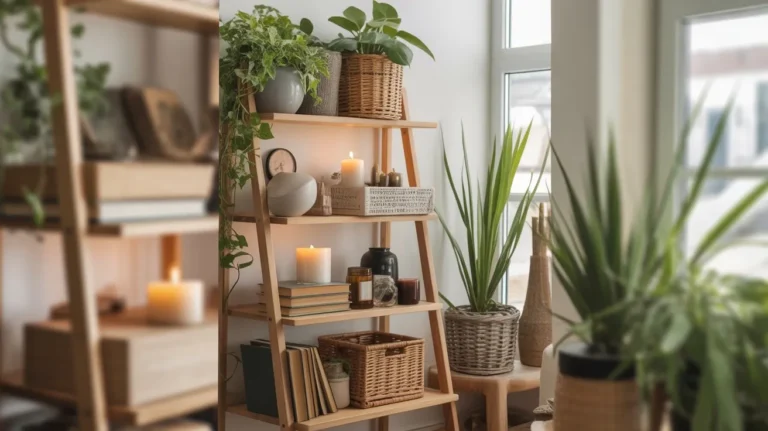 Featured image of a styled ladder shelf with plants, baskets, books, and candles for modern home decor inspiration