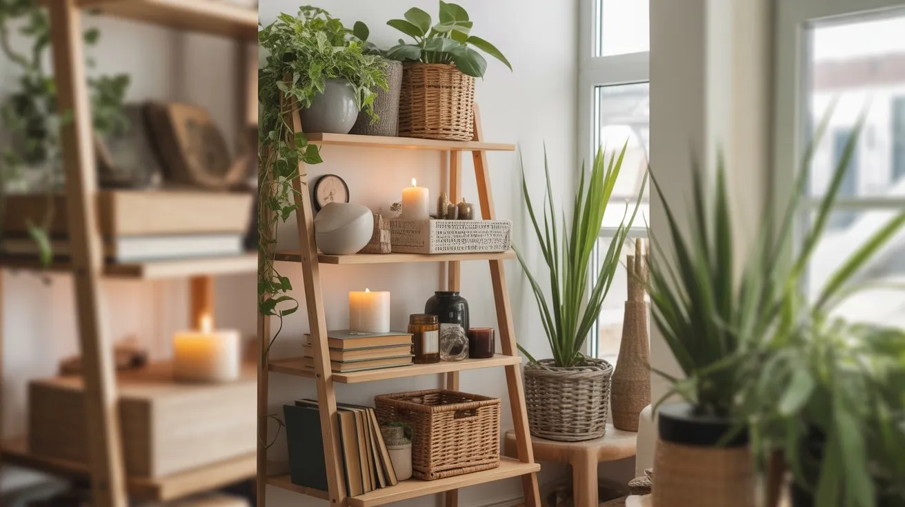 Featured image of a styled ladder shelf with plants, baskets, books, and candles for modern home decor inspiration