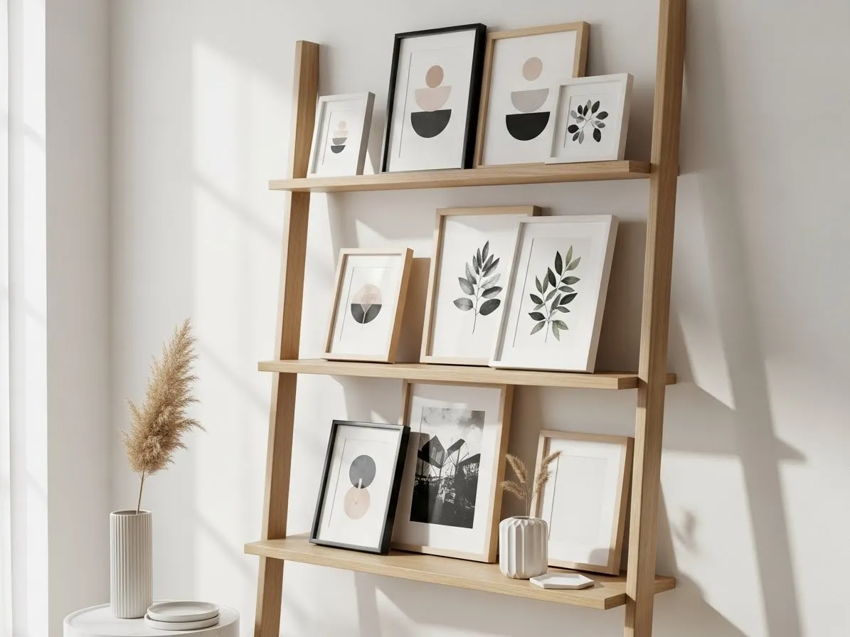 Ladder shelf decor using artwork and frames