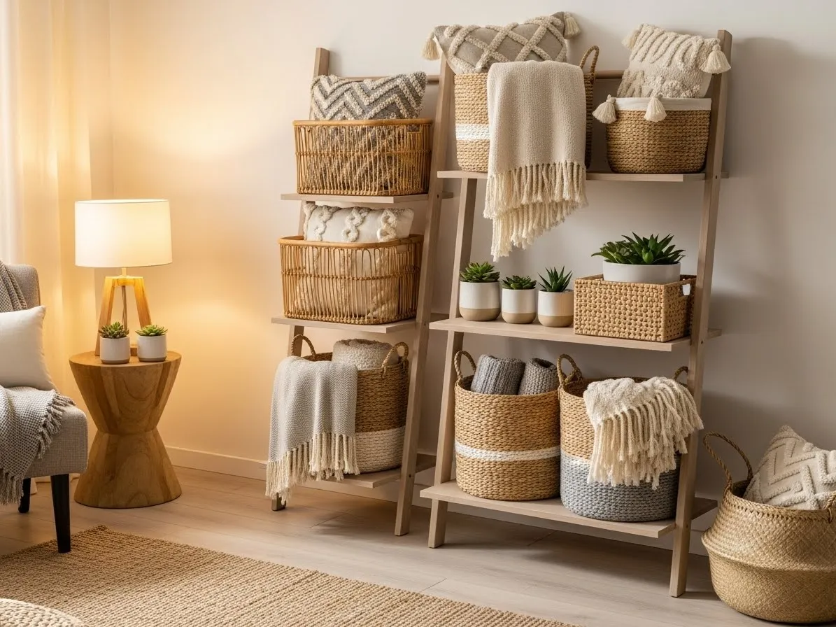 Ladder shelf decor ideas with woven storage baskets