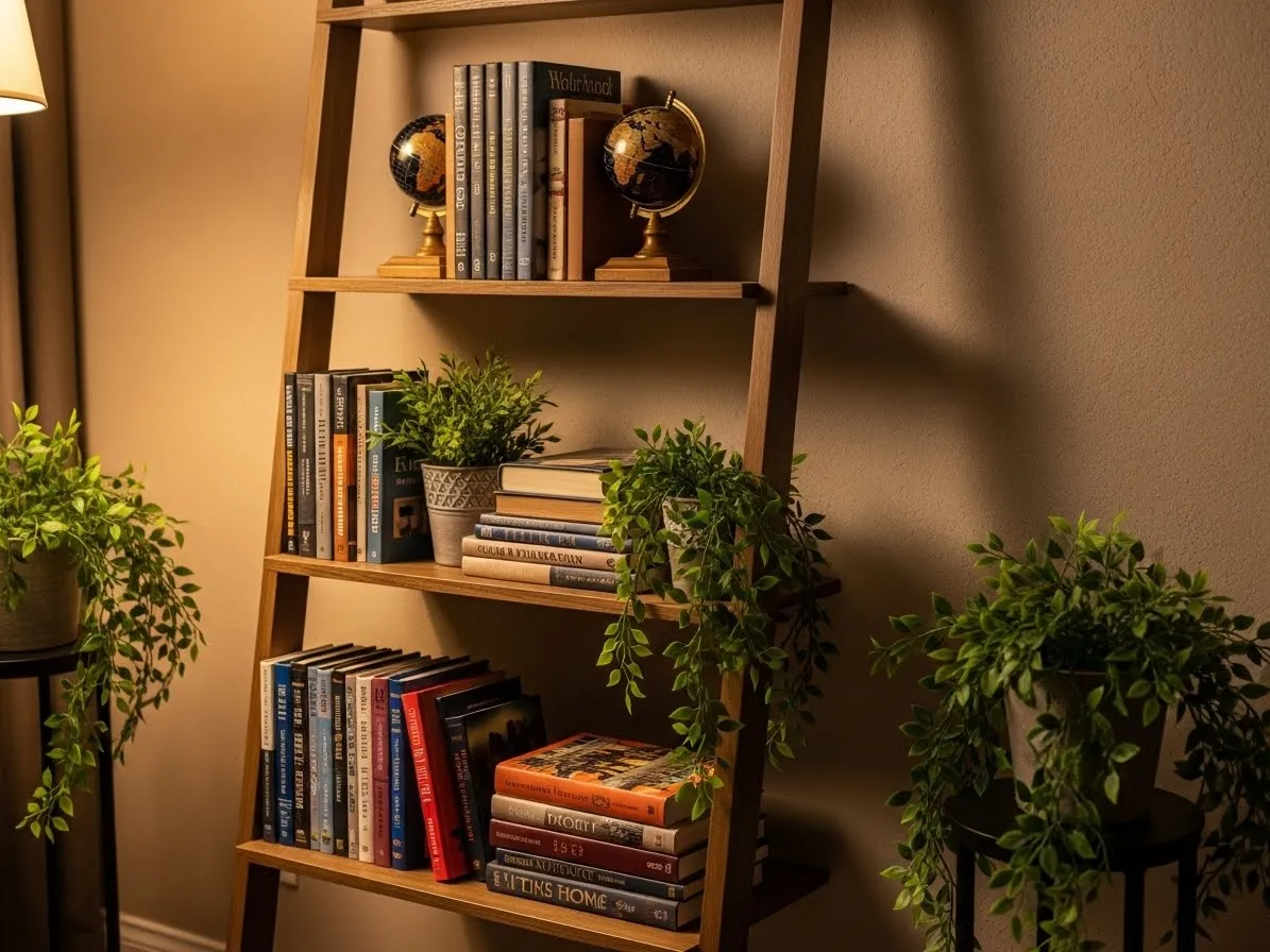 Ladder shelf using books for styling and decor