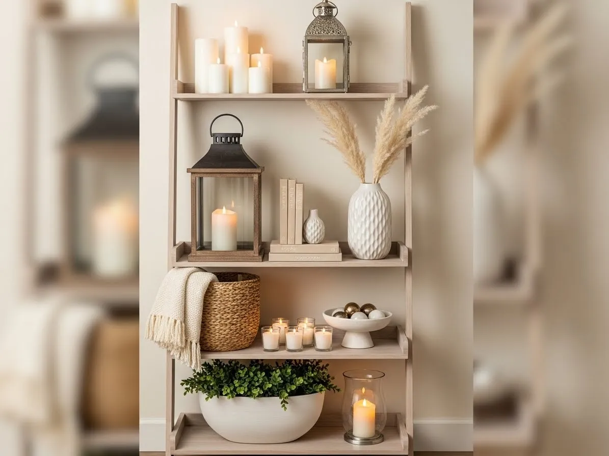 Ladder shelf decor ideas using candles for cozy ambiance
