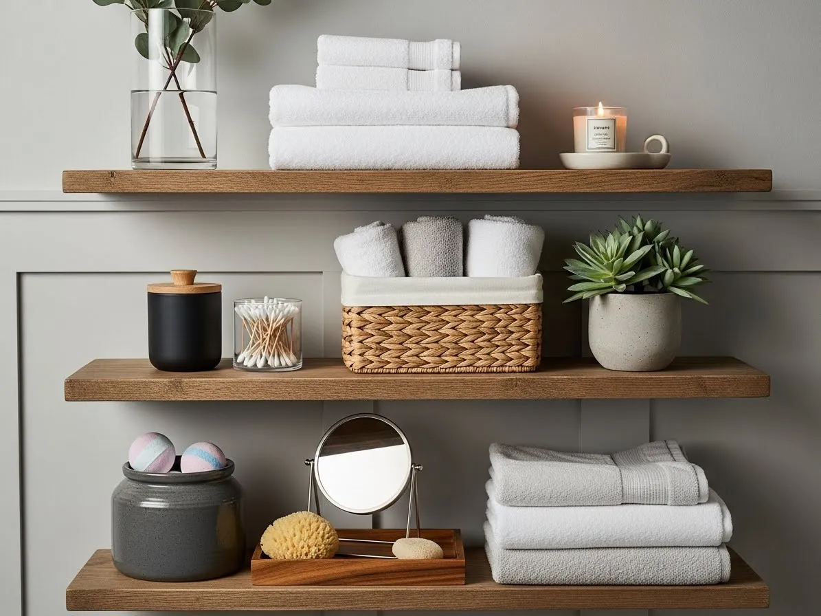 Layered bathroom shelf decor ideas with height variation