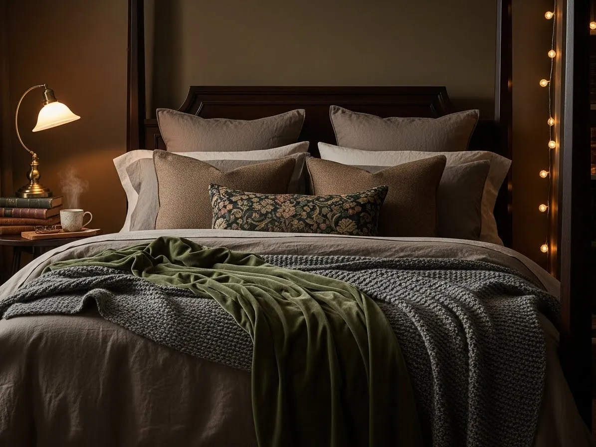 Layered bedding with rich fabrics in a cozy dark academia bedroom