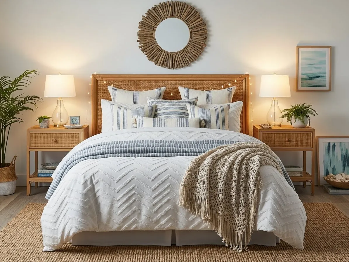 “Layered boho coastal bedroom with mixed patterns and woven furniture”