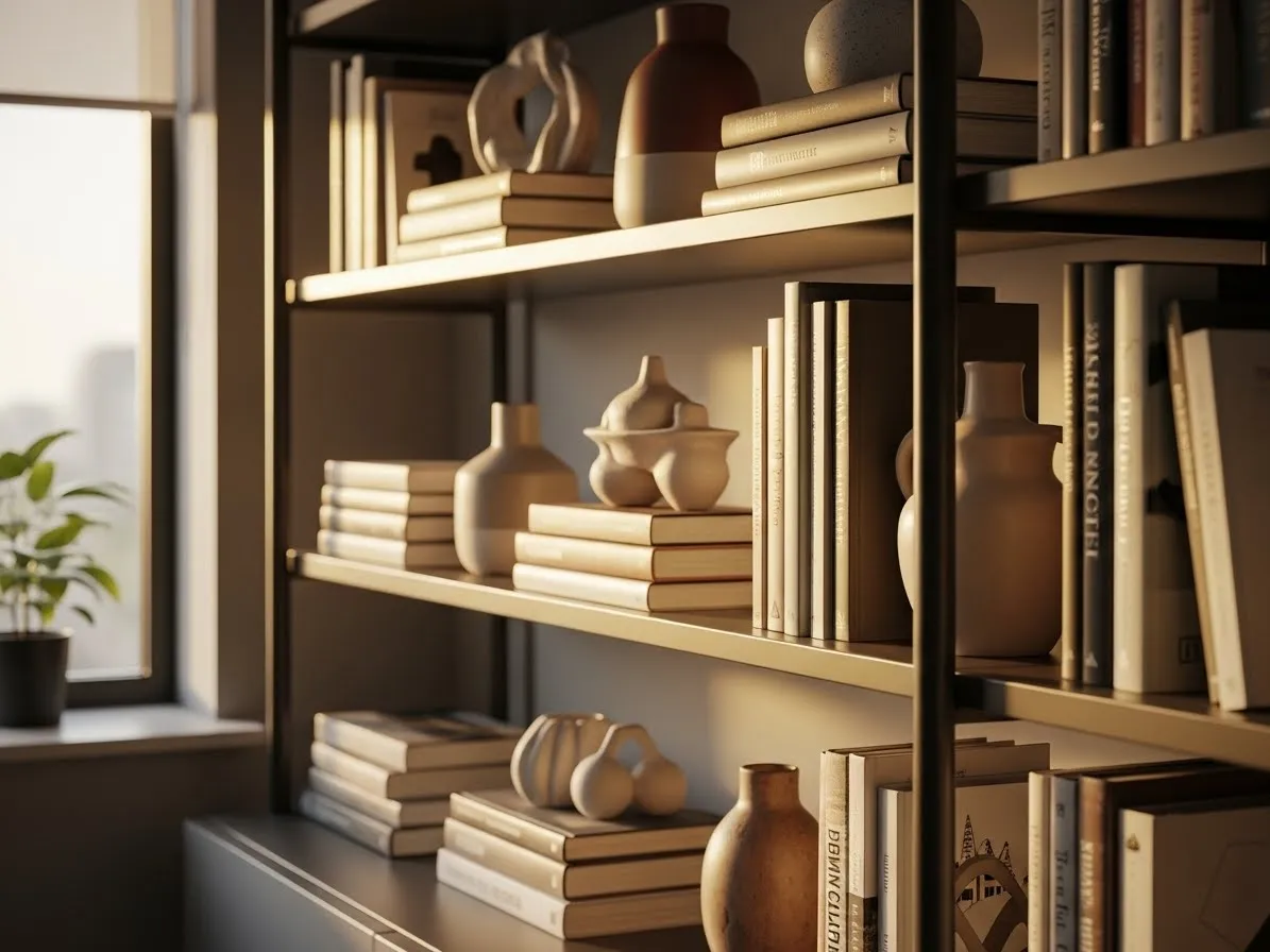 Office shelf with books stacked vertically and horizontally, decorated with sculptures and vases.