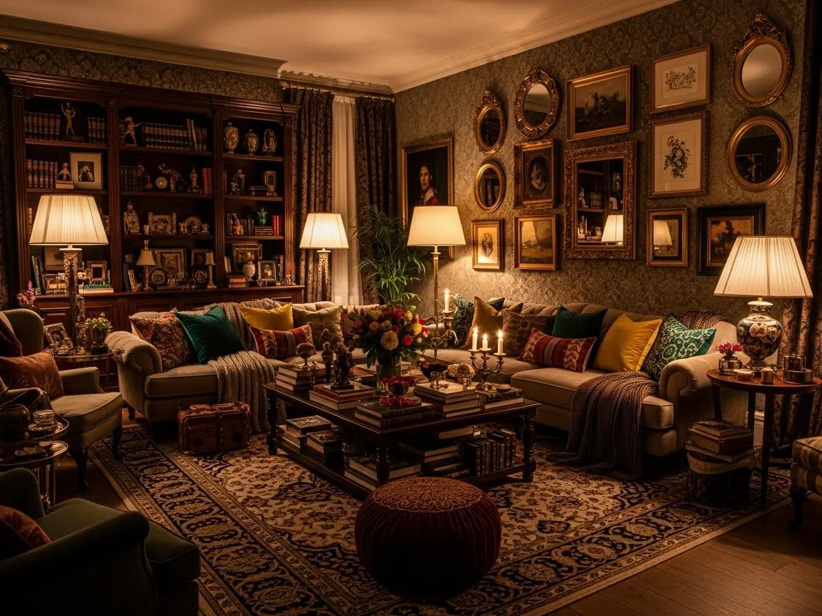 Maximalist living room with layered lighting including table lamps and floor lamps