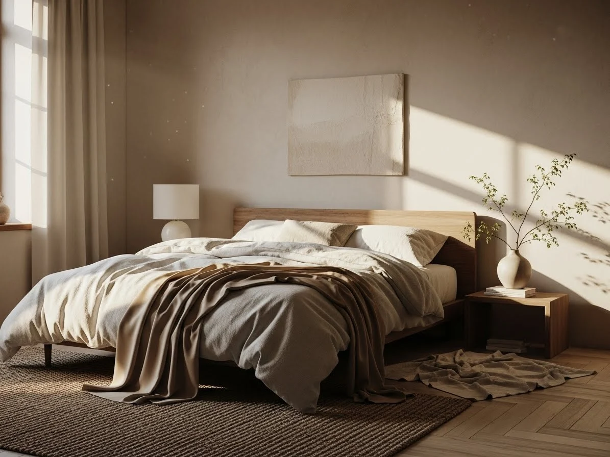 Layered neutral tones creating depth in a wabi-sabi bedroom