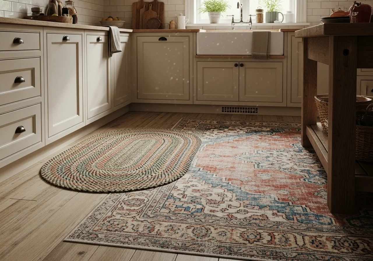 Country kitchen ideas with layered rugs for cozy farmhouse feel