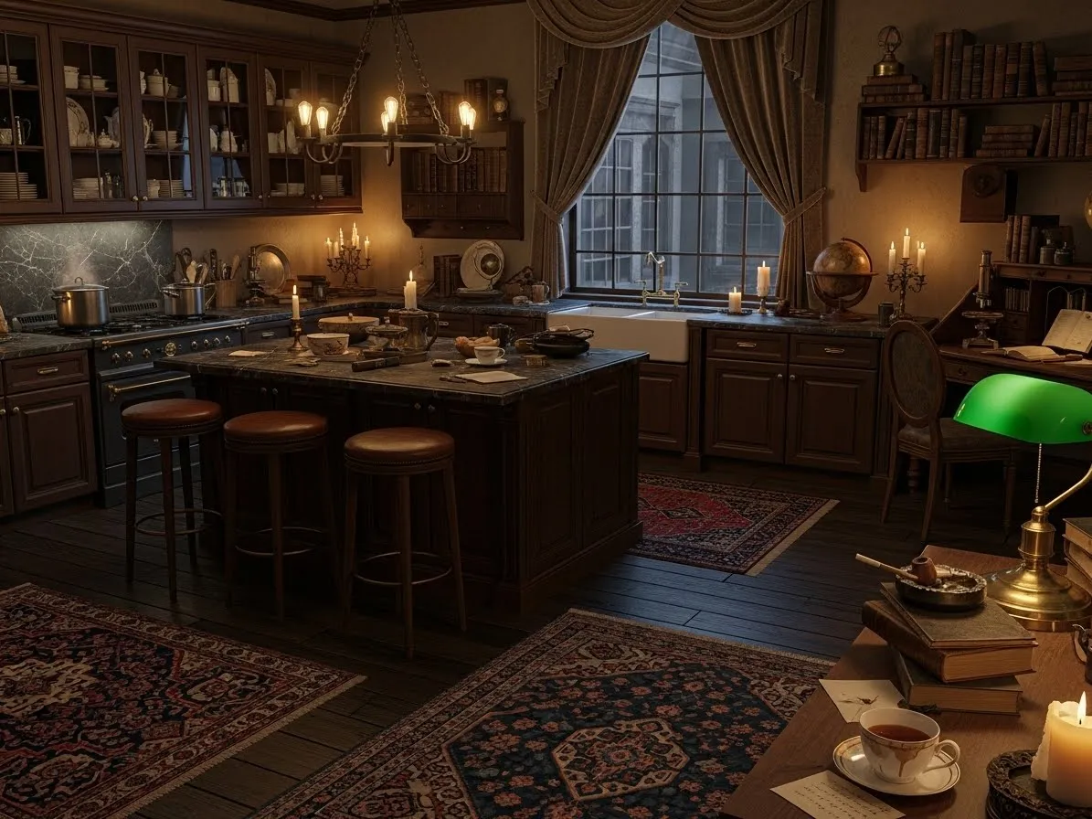 Layered vintage rugs adding warmth to a dark academia kitchen floor