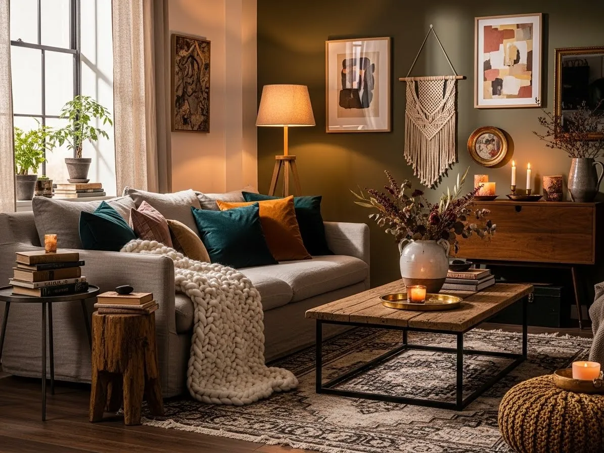 Cozy eclectic apartment with layered textures including linen, velvet, knit throws, and woven rugs