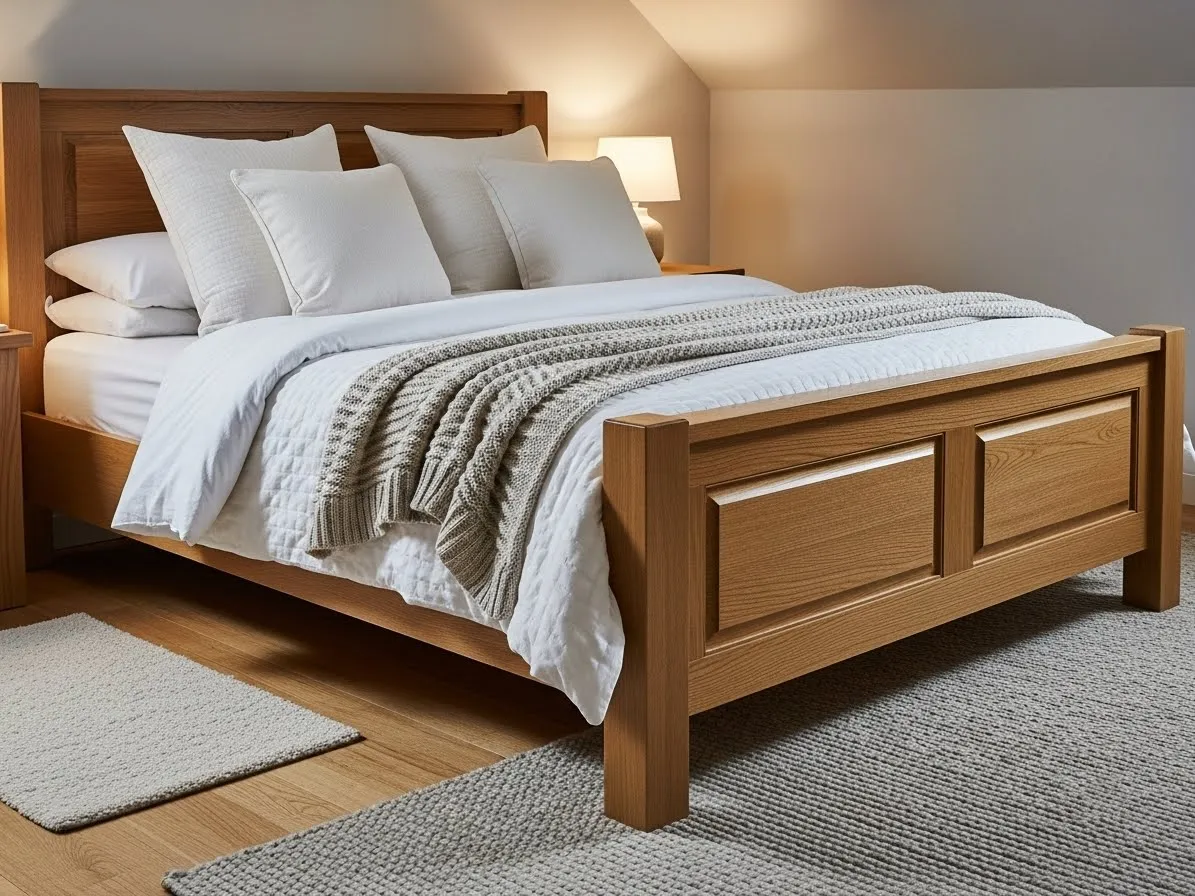 Oak bed styled with layered white textiles for a cozy look