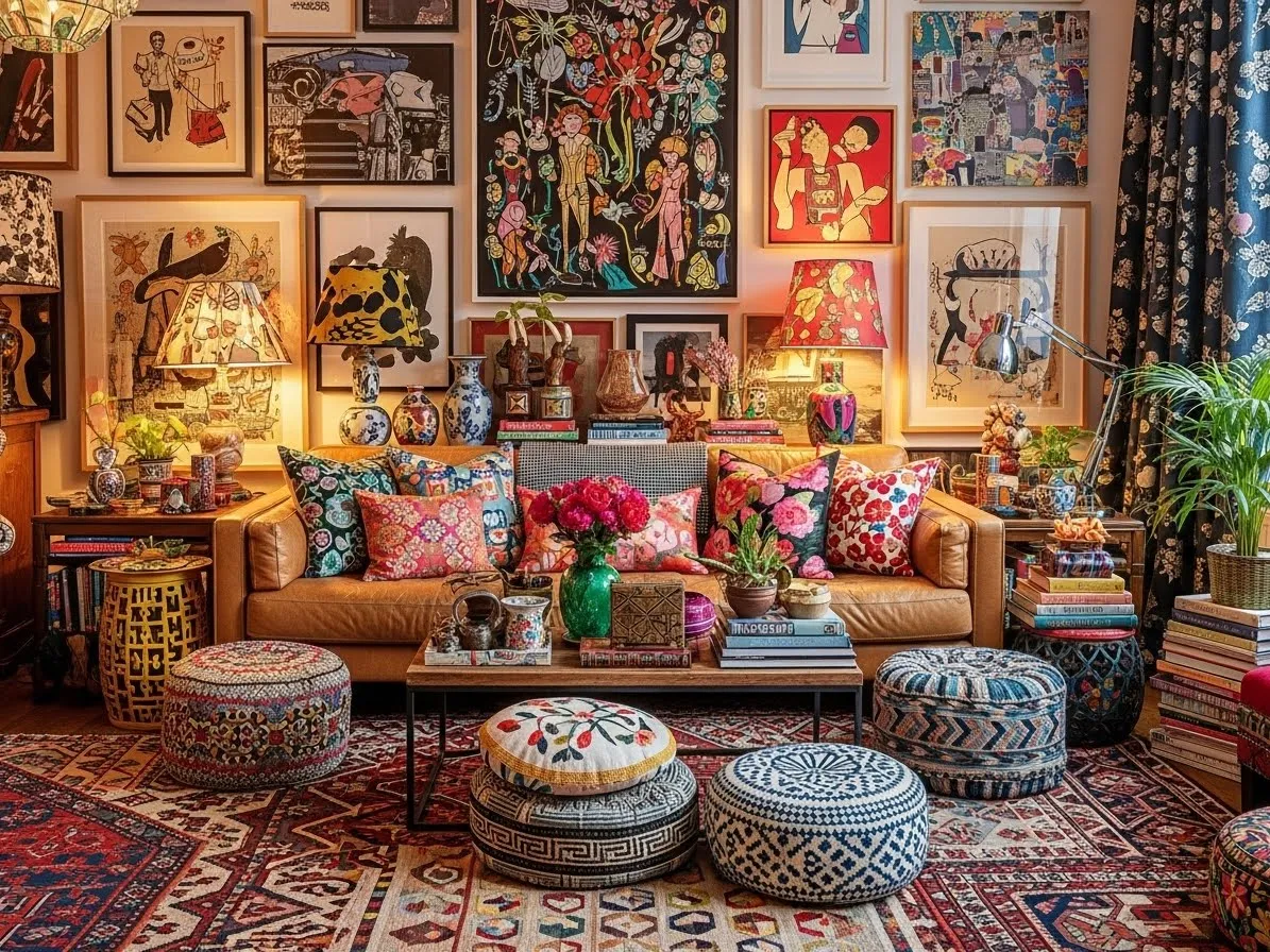 Maximalist living room featuring leather furniture balanced with colorful decor