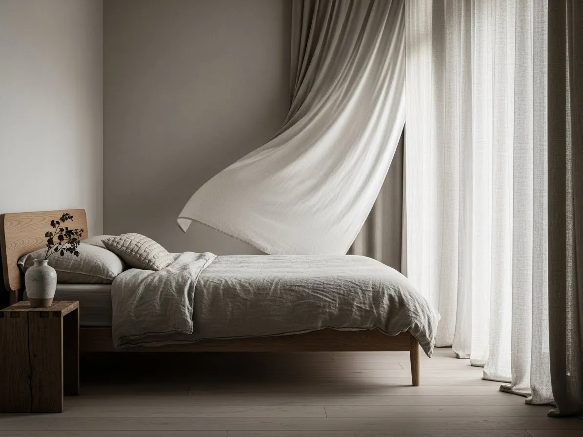 Light breathable curtains allowing soft daylight in a wabi-sabi bedroom