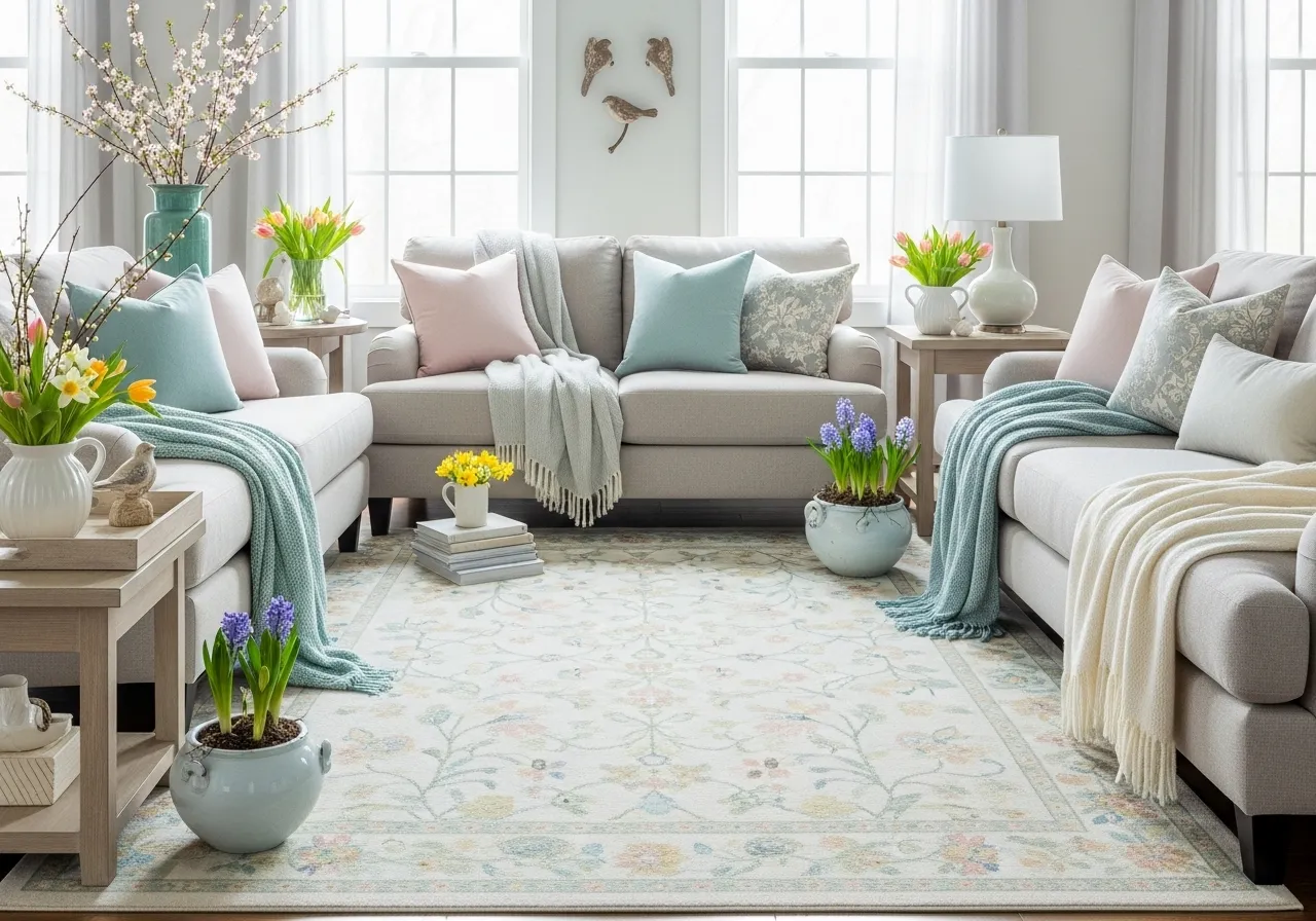 Light spring rug creating an airy and fresh living room look