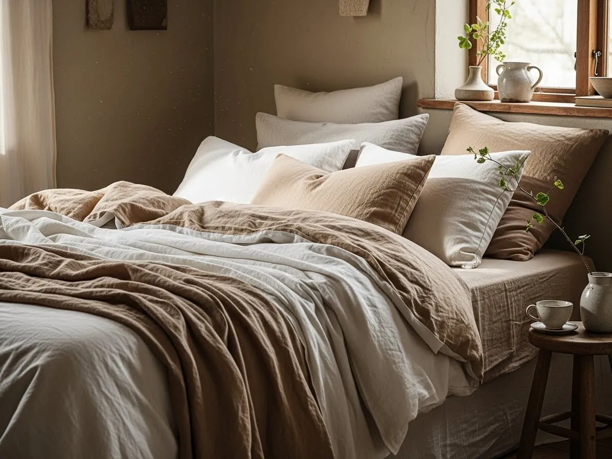 Relaxed linen bedding adding warmth and texture to a wabi-sabi bedroom