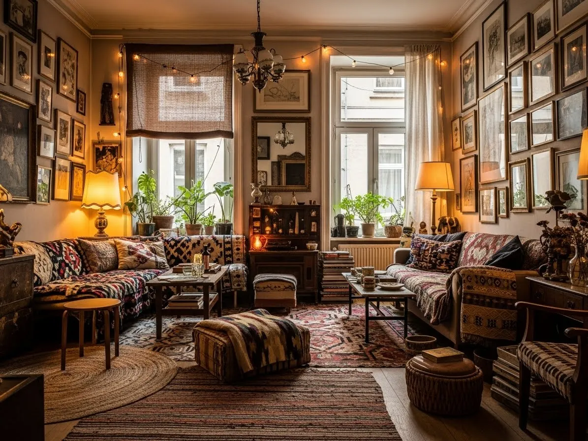 Warm eclectic apartment with lived-in charm, vintage details, and an intentionally collected look