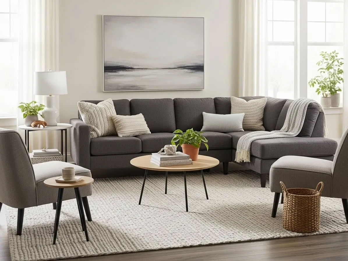 Living room design featuring an area rug that defines and anchors the space.