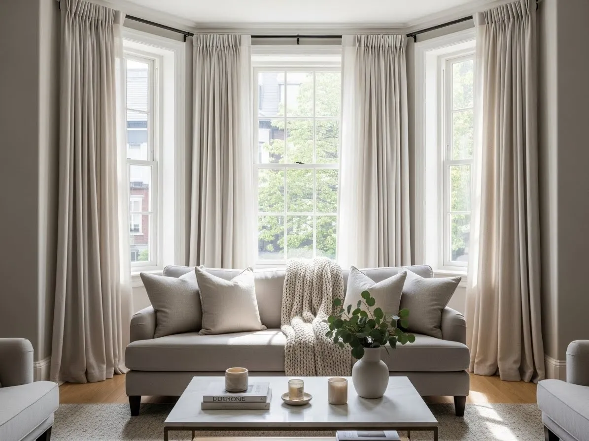 Living room with bay window styled using floor-length curtains for a soft, elegant look.