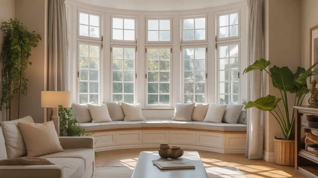 Living room with bay window featuring a cozy window seat, natural light, and modern decor.