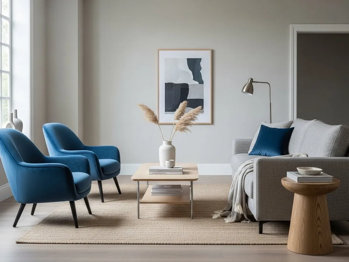 Living room with blue accents using blue accent chairs to add color and visual interest.