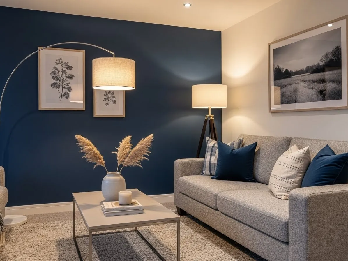 Living room with blue accents featuring a bold blue accent wall and neutral furnishings.