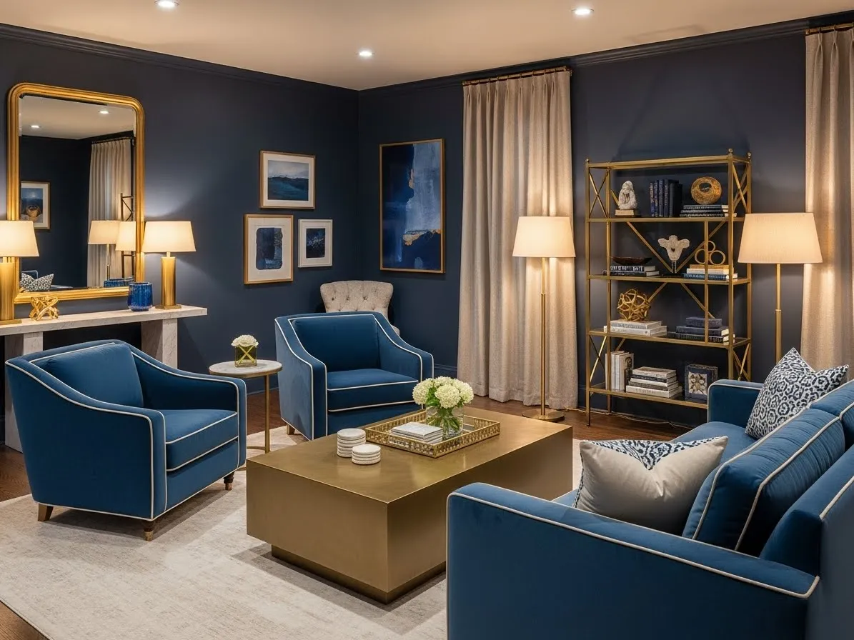 Living room with blue accents combined with brass details for an elegant look.