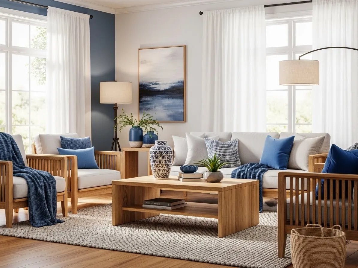Living room with blue accents paired with warm wood furniture for a balanced look.