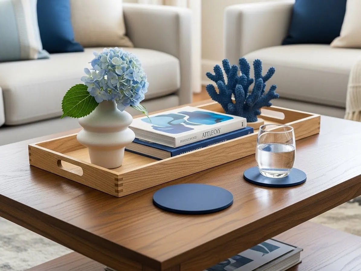 Living room with blue accents styled through blue coffee table decor.