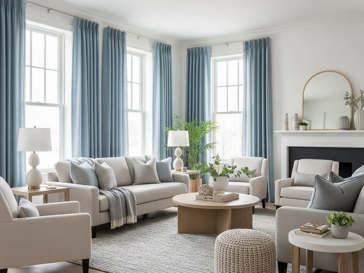 Living room with blue accents featuring soft blue curtains that frame large windows beautifully.