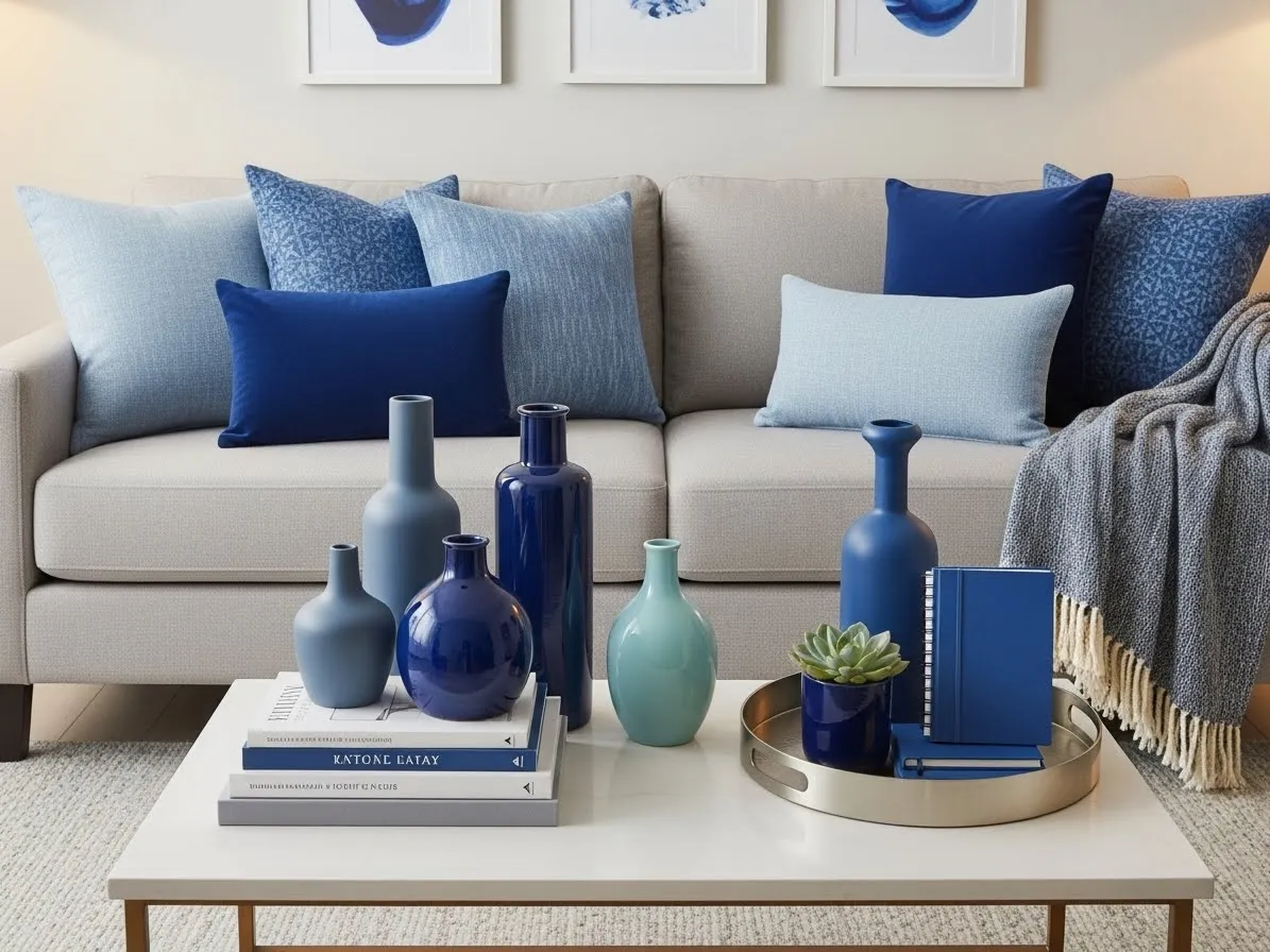 Living room with blue accents using blue decorative accessories for subtle color.
