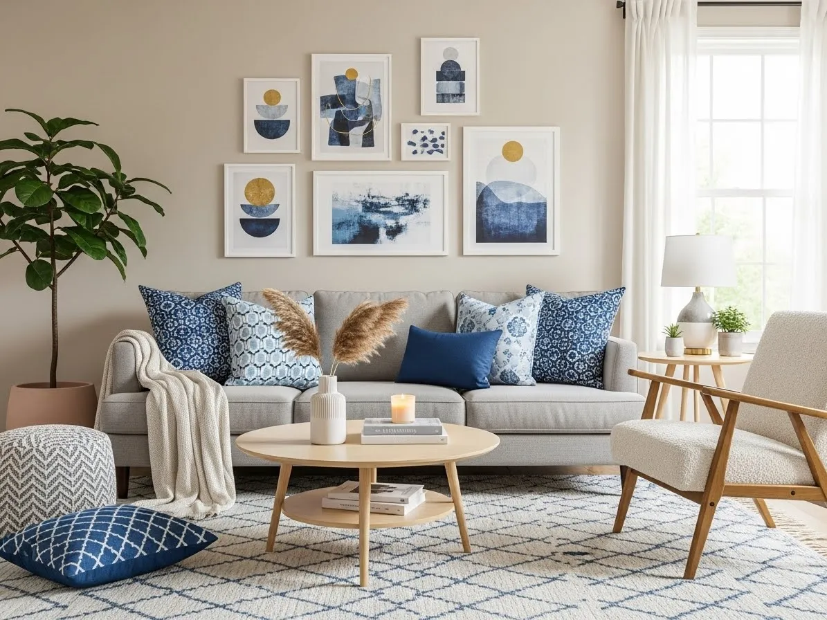 Living room with blue accents styled using blue patterned cushions.