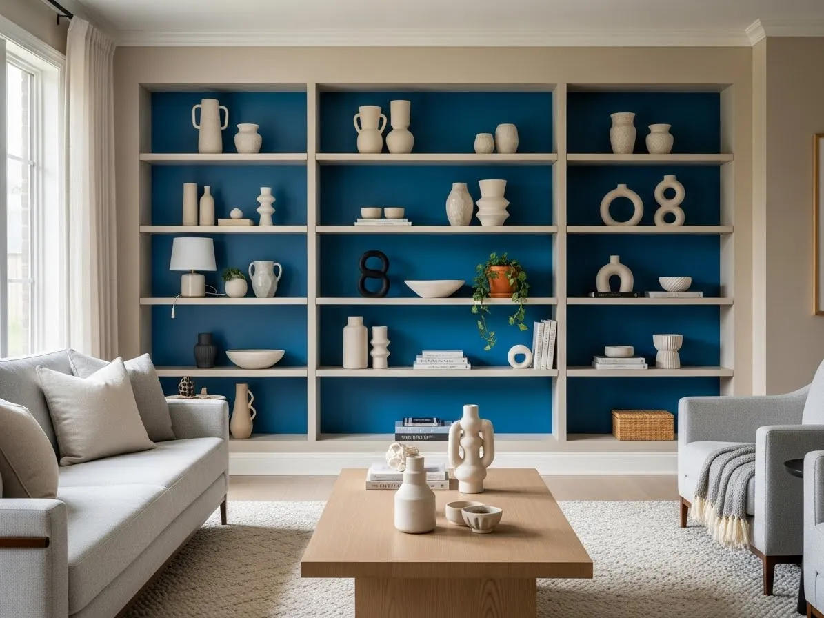 Living room with blue accents featuring blue shelving for subtle depth.