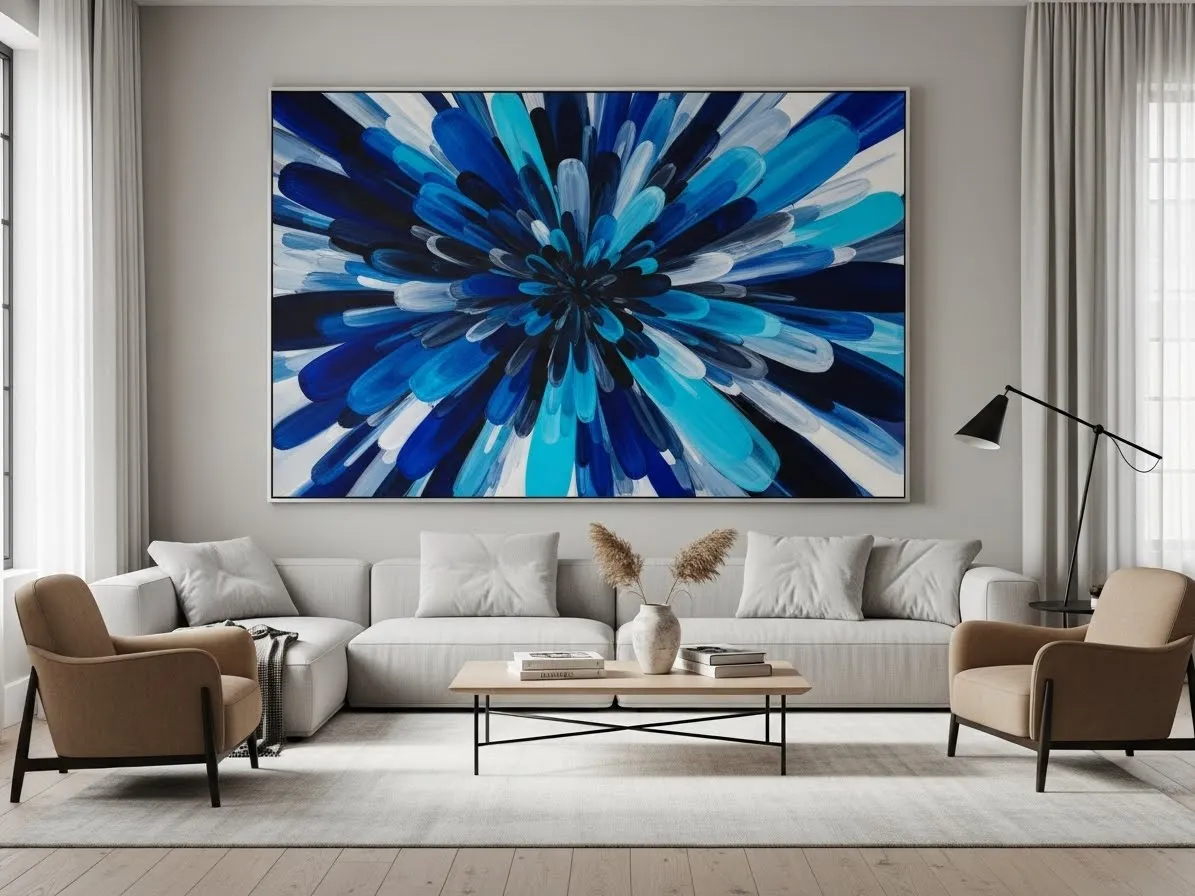 Living room with blue accents highlighted by blue-toned wall art as a focal point.