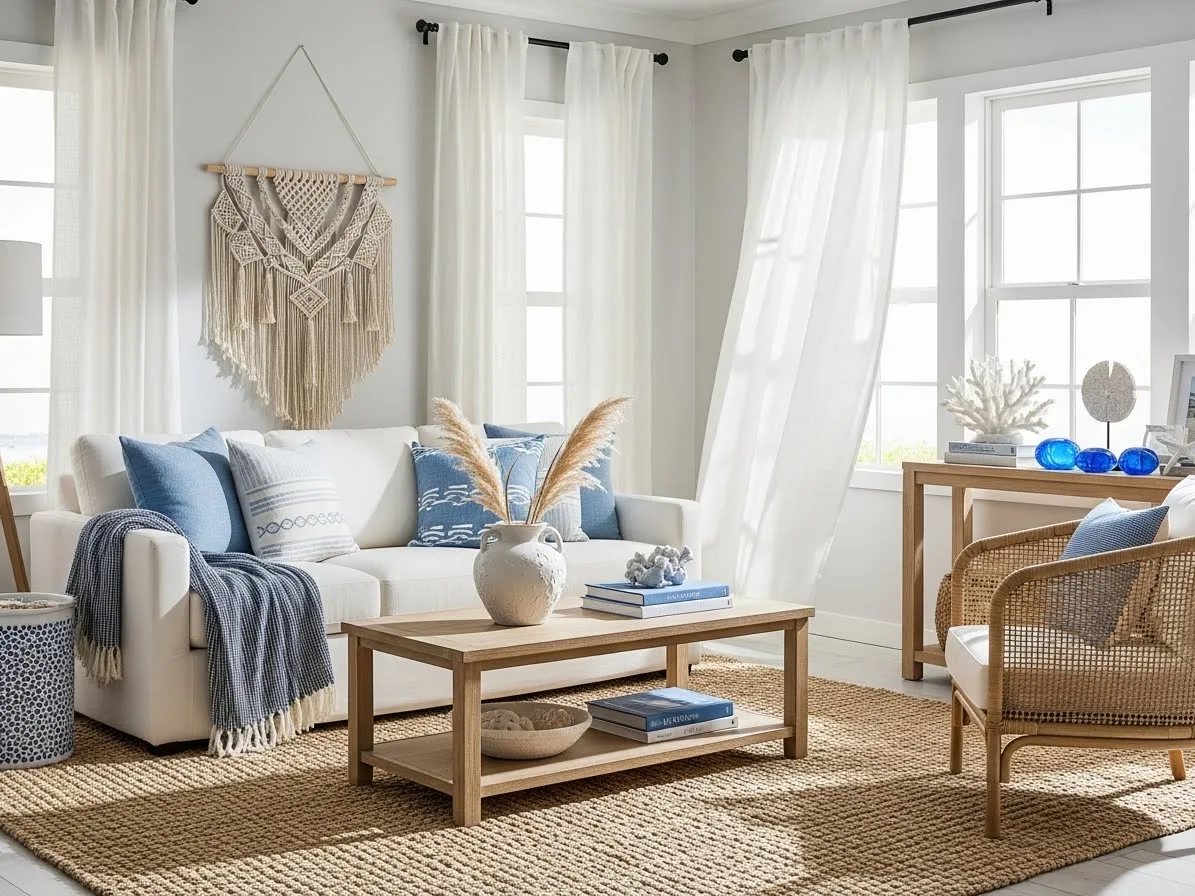 Living room with blue accents styled in a blue and white coastal color palette.